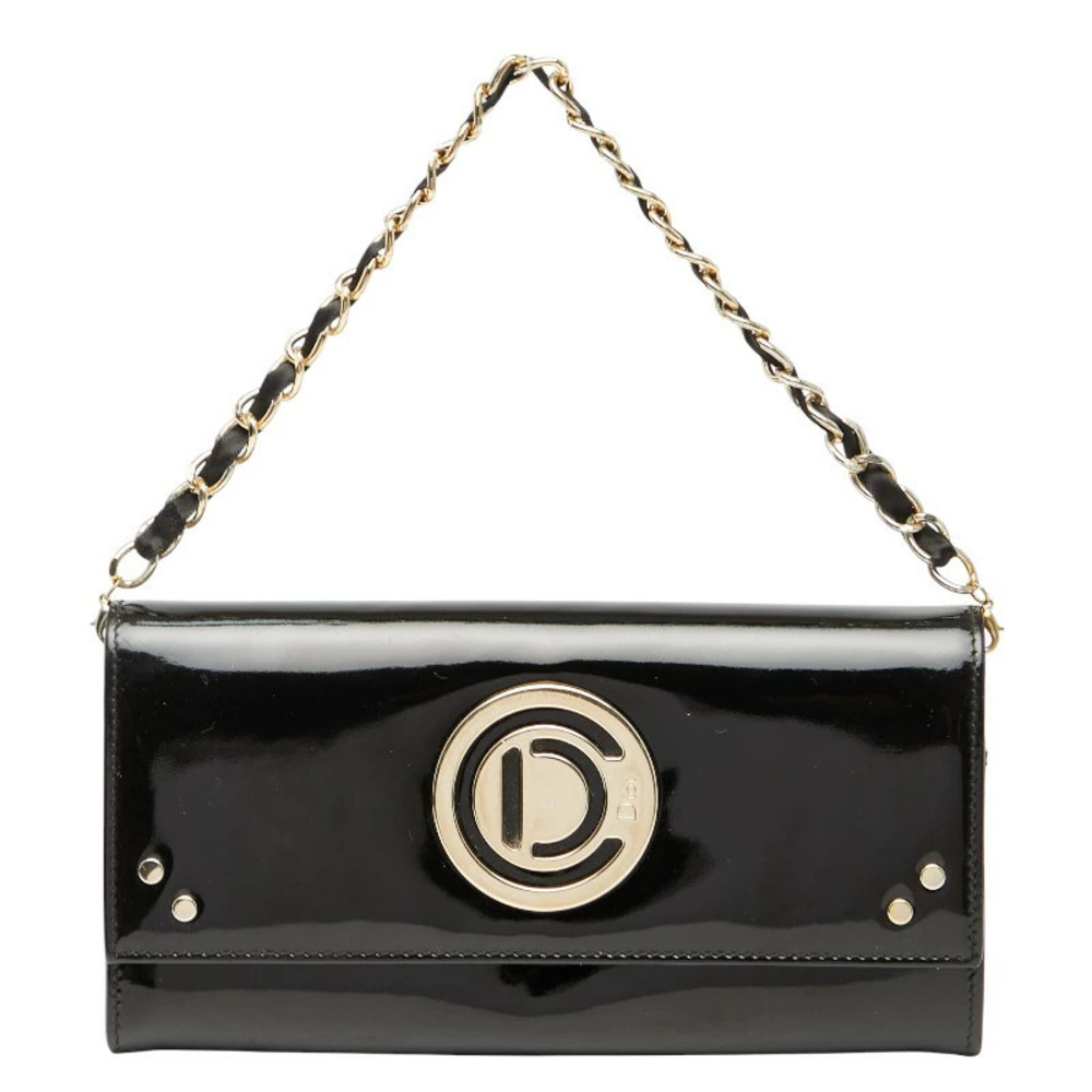 Dior Chain Wallet Long Handbag Black Patent Vernis Leather